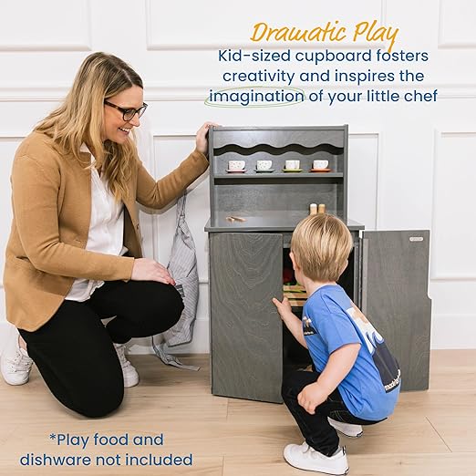 ECR4Kids Play Kitchen Storage Cupboard, Wooden Playset, Grey Wash