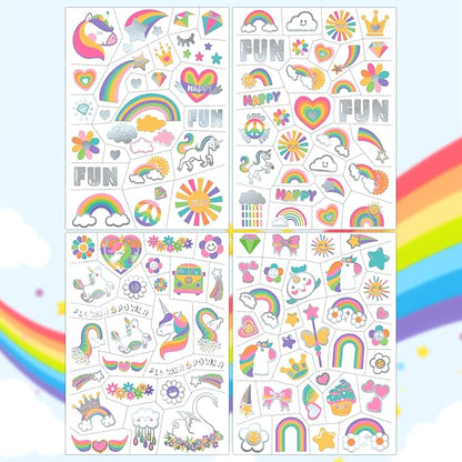 Unicorn Rainbow Temporary Tattoos for Kids, 118 Pcs Metallic Fake Tattoos | Unicorn Birthday Party Supplies Favor, Cute Rainbow Flower Design, 4 Sheets Bronzing Tattoos for Boy and Girls