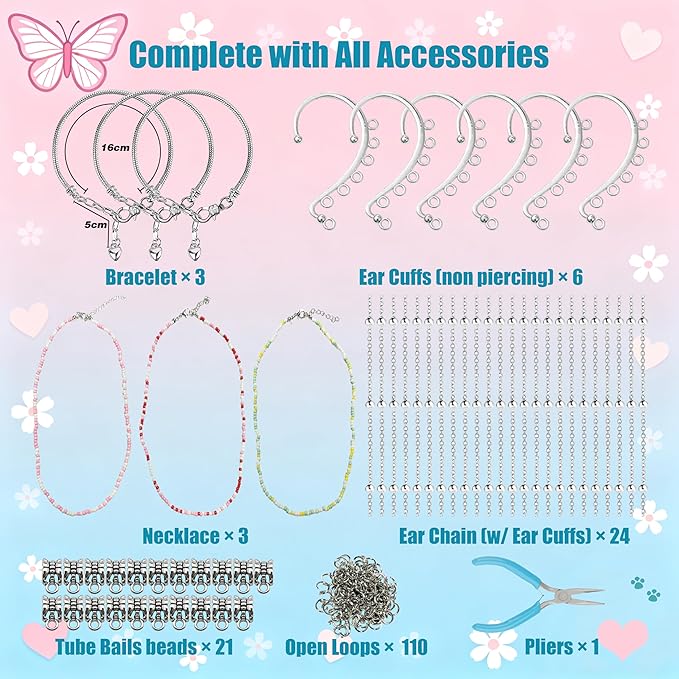 GO2HEJING Charm Bracelet Making Kit for Girls, Jewelry Making Kit for Girls 8-12, Ear Cuff/Necklace Craft Kit, Cute Face Temporary Tattoos for Kids, Unicorn Toys for Teenage Birthday Gift (Forest)