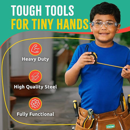 SparkJump Deluxe Kids Tool Set, Real Tools with Leather Tool Belt & Tool Box, Beginner Tool Kit for Boys & Girls Ages 4-6 & Up, Brown Ultimate Tool Set
