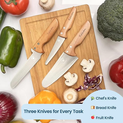 Kibbidea Kids Knife Set for Real Cooking Safe, 4pcs Kids Kitchen Cutting Chopping Knives, Food-grade Stainless Steel Blades, Metal Children First Starter knife, BPA-free Tool (Silver)