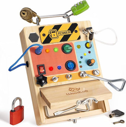 Woodtoe 3-in-1 Busy Board with LED Light Switch, Montessori Toys for 3 4 5 Year Old, Montessori Screwdriver Board Set, Lock and Key Toy, Preschool Learning Sensory, Fine Motor STEM Toys for Toddlers