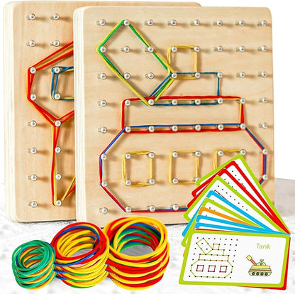 2Pack Wooden Geoboard Montessori Toys - Wood Geo Board Manipulative Geoboards for 4 5 6 Year Old Kids with Pattern Cards and Rubber Bands,Brain Teaser STEM Toy for Boys Girls Ages 3-6
