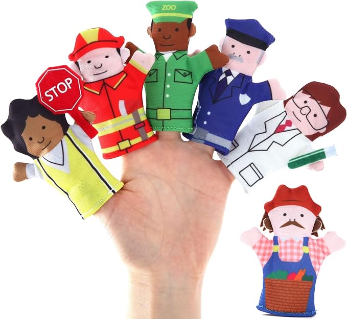 Happy Helpers Finger Puppets 12-Piece Set - Teach and Learn with a Variety of Neighborhood People Characters - Free Bonus E-Book - for Families, Children, Kindergarten, Play and ESL