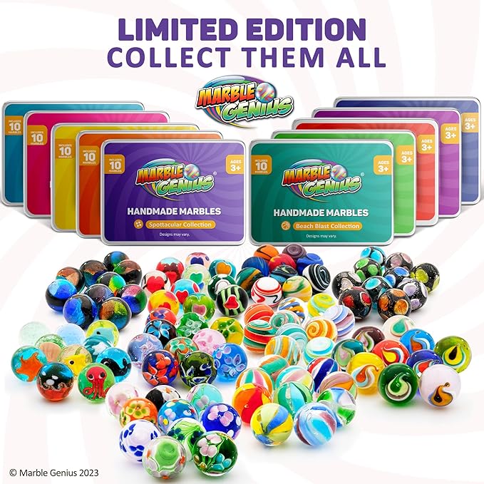 Marble Genius Handmade Glass Marbles - 16mm (5/8 in) Beach Blast, 10-Count - Beach Ball Pattern & Solid Glass Spheres for Collection & Marble Run