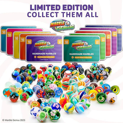 Marble Genius Handmade Glass Marbles - 16mm (5/8 in) Beach Blast, 10-Count - Beach Ball Pattern & Solid Glass Spheres for Collection & Marble Run