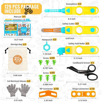 SpringFlower Cardboard Cutter for Kids, 129 PCS Cardboard Tools for Kids, STEM Educational Construction Kit Toys for Boys Girls, DIY Safe Cutting Creative Craft Kit, Gift Birthday for Boys Girls