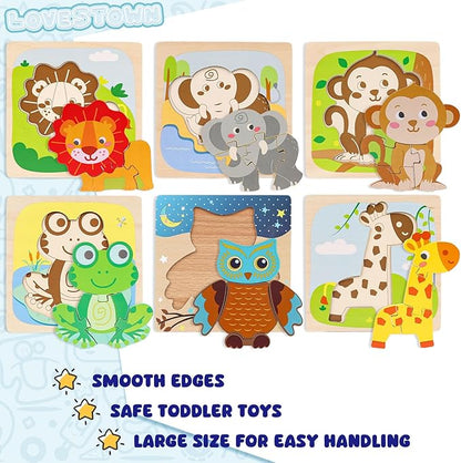 LovesTown Montessori Wooden Puzzles for Toddlers Kids Educational Animal Jigsaw Toys Preschool Learning Colors Shapes Cognition 6 Pack