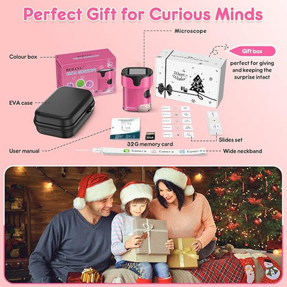 1000X Handheld Microscope for Kids 4K 2.0" Screen Rechargeable Mini Pocket Digital Microscopes w/Slides Kit Portable Edu Gift Age 4-6 8-12 Children Students (Pink)