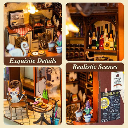 Book Nook Kit Coffee House, DIY Booknooks Kit for Adults Women Girls Teens, Bookshelf Diorama Miniature Scenes Insert Decor with LED Light, Miniature House Kit Wooden Crafts Gifts