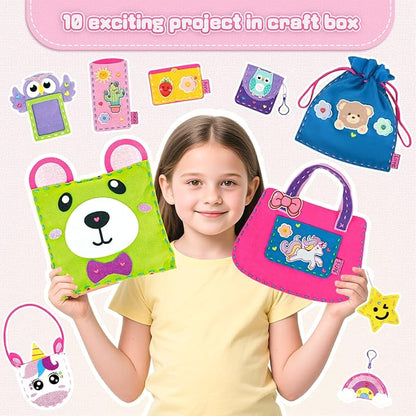 Sewing Kit for Kids, Arts & Crafts for Kids Ages 4-8,Craft Box 10 Felt DIY Projects of Stuffed Animal Dolls and Plush Pillow, Crafts Activities Gift for Girls Boys Age 6 7 8 9 10 11 12 Years Old