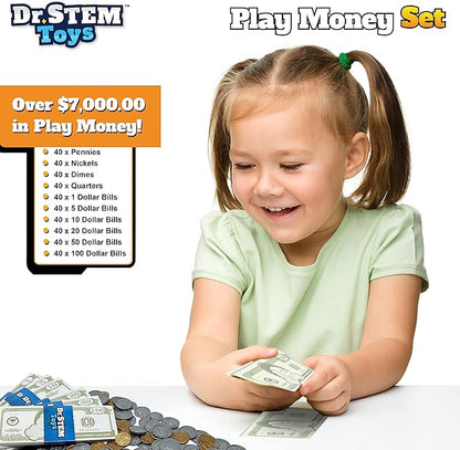 Dr. STEM Toys Play Money for Kids: Durable Boxed Set Provides 400 Pieces of Realistic Fake Money Bills & Fake Coins for Pretend Play, Helps Kids Learn Financial Responsibility & More