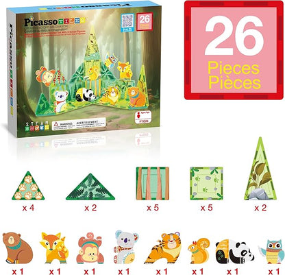 PicassoTiles Magnet Tile Building Blocks Forest Animal Themed Playset with 8 Character Action Figures Educational STEM Learning Construction Kit Pretend Play Magnetic Tiles Toddler Kids Ages 3+ PTQ26