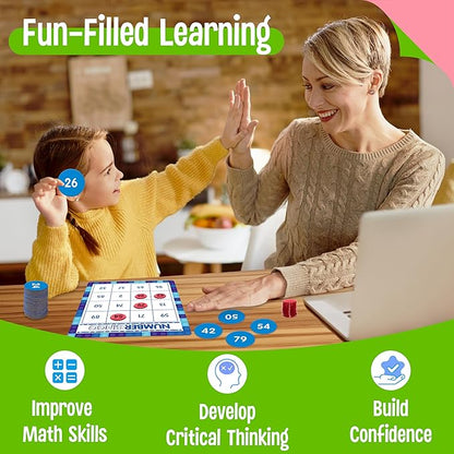 SpriteGru Number Bingo Game, 1-100 Board Game Learn & Count to Read 2 Versions Recognition Game for Kids 5-12, Perfect for Classroom & at Home