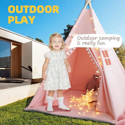 Teepee Tent for Kids with Mat, Star Lights, Carry Case, Cotton Canvas Playhouse, Foldable Tents, Portable Children Play Tent Indoor Outdoor (Pink)