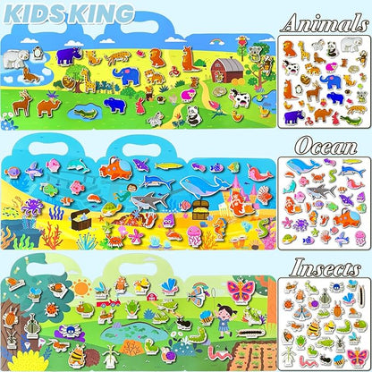 3 Pack Reusable Sticker Books for Kids, Waterproof Puffy Stickers - Match The Shape and DIY Scene, Toddler Travel Essential Quiet Time Activities Toys - Animal, Ocean and Insect (2-6 Age)