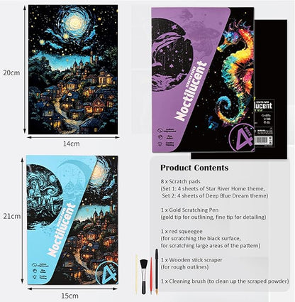 Scratchboard Art for Adult Luminous Scratch Painting Kits, A5 Scratch Art Rainbow Painting Paper 8 Sheet with 4 Tools, Scratchboard for Teens & Adults, Fun Creative Craft Toy/Gifts/Decor, Dreams