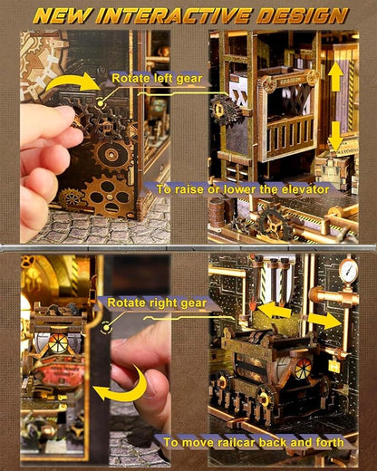 Book Nook Kit Mechanical Rhythm, DIY Booknooks Kit for Adults with Sensor Lights, Bookshelf Diorama Miniature Scenes Insert Decor, 3D Puzzle Miniature House Kit Gift for Men Teens Family