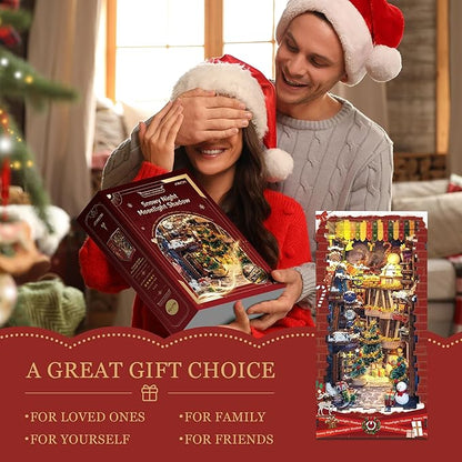 Christamas Book Nooks DIY Dollhouse Kit for Adults Bookshelf Decor with LED Lights 3D Wooden Puzzle Model Booknooks Kits Gifts for Family,Friends (Snowy Night)