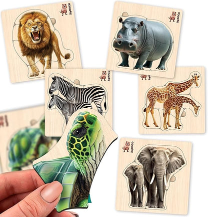 QUOKKA Realistic Wooden Puzzles for Toddlers 1-3 Year Old - 5,9 x5,9 Inches Kids Puzzles Ages 2-4 - Safari Montessori Toddler Toys - Motor Skills Games Gifts for Boys and Girls