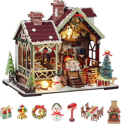 Christmas Miniature Dollhouse Kit, DIY Miniature House Kits for Adults, Mini Model Building Sets with Furniture, Snowman and Christmas Tree, Wooden House Kit Decoration Gift
