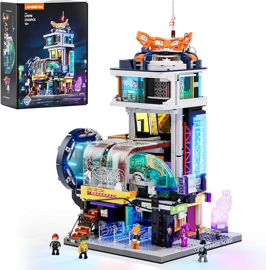 Cyberpunk Floating-Train-Station Lighting-Building-Bricks Set - Cyberpunk City Future Levitation Train Station Street View Collection LED Light Model 2760 Pcs for Adults and Sci-fi Lovers