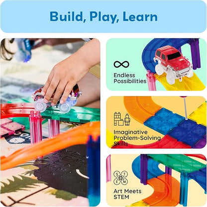 PicassoTiles Magnetic Tiles Race Track Car Thrilling Toy Playset Includes 2 Racing Trucks STEM Educational Magnet Tile Building Block Construction Set for Toddlers Boys Girls Ages 3 and Older PTR30