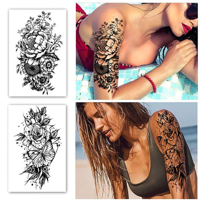 Temporary Tattoo Full Arm 8 Sheets and Half Arm Shoulder Waterproof Fake Tattoos 10 Sheets, Extra Large LastingTattoo Stickers for Girls or Women