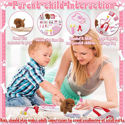 Toy Doctor Kit for Girls - TEUVO Pretend Play Doctor Set with Dog Toy, Carrying Bag, Stethoscope, Dress Up Costume - Toys Doctor Play Birthday Gift for Kids Toddlers 2 3 4 5 6 7 Year Old for Role Play