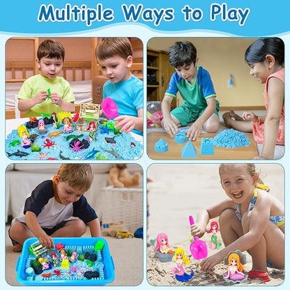 Ocean Sensory Bin, 57 Pcs Mermaid Sand Art Kit Castle Sea Animal Molds Sandbox Toys, Mermaid Play Sand Toy Sensory Playsand for Kids Toddlers, Birthday Gifts for Boys Girls Ages 3 4 5 6 7