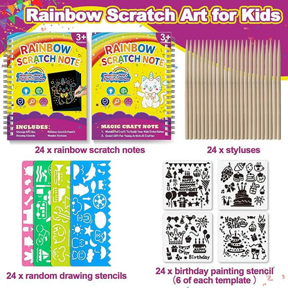 HXDOGSP Scratch Art for Kids: 24 Pack Rainbow Scratch Paper Party Favors - Art Crafts Notebook Suitable for Birthday Gifts/School Crafts Kit/Classroom Prizes for Girls and Boys Aged 4-12