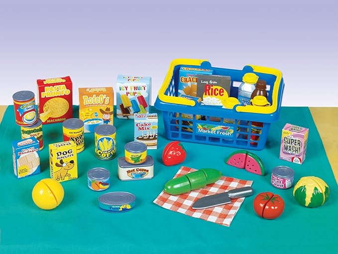 Small World Toys Kids Grocery Basket Play Food Set, Pretend Food Kids Shopping Basket Toddler Playset, 32 Pcs Grocery Food Play Kitchen Accessories, Educational Toddler Toys for Girls & Boys