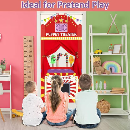 Doorway Puppet Theater with 2 Adjustable Rods 31x67 In Red Yellow Foldable Hanging Puppet Show Theater for Kids Pretend Play Hand Puppets Educational Kids Activities Toys Easy to Set Up Put Away