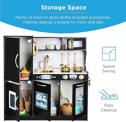 Best Choice Products Pretend Play Kitchen Wooden Toy Set for Kids w/Realistic Design, Telephone, Utensils, Oven, Microwave, Sink - Black