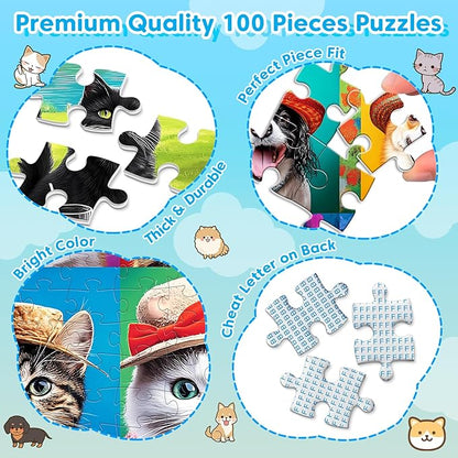 4 Packs 100 Piece Puzzles for Kids Ages 4-6 6-8 8-10, Lovely Cats Dogs Kids Puzzles Ages 5-8 100 Piece Large Jigsaw Puzzles for Adults Seniors Educational Toys Gifts for Girls Boys