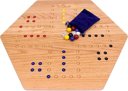 AmishToyBox.com Wahoo Wooden Marble Game Board Set - Large 24" Wide - Solid Oak Wood - Double-Sided - with Large 22mm Marbles and Dice Included