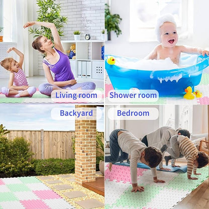 Foam Play Mat for Baby, 0.4 Inch Thicked Interlocking Floor Mats with Solid Colors, Squares Non-Toxic Baby Play Mat, EVA Foam Puzzle Floor Mats for Toddlers, 16 Tiles(White/Pink/Bean Green)