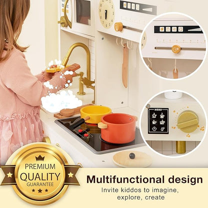 Kids Wooden Play Kitchen Set with Oven, Ice Maker & Coffee Maker - Pretend Cooking Toy Gift for Toddlers 3+ Years