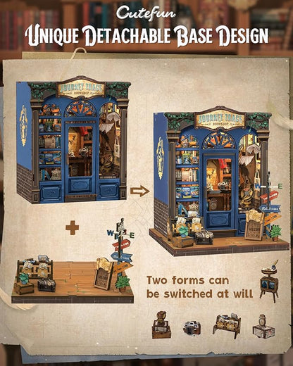 Cutefun Book Nook Kit - DIY Miniature Dollhouse Booknook Kit for Adults and Teens, Tiny House Bookshelf Insert Decor with LED Light, Gifts for Family and Friends (Journey Trace Bookshop)