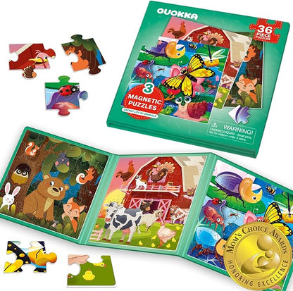 QUOKKA Magnetic Puzzles for Kids Ages 4-6 - 36 Pieces Sudoku Toddler Puzzles Ages 2-4 - Travel Games for Kids Ages 3-5 - Animal Farm Bugs Toddler Travel Toys - Car Airplane Road Trip Games