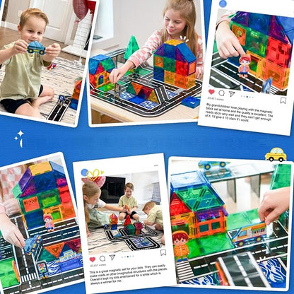 112PCS Magnetic Tiles Road Set with Vibrant Color & Ultra Magnet Strength, City Road Building Blocks Construction Toys for Toddlers Kids Ages 3-12, Creative Gifts STEM Toys for 3+ Years Old Boys Girls