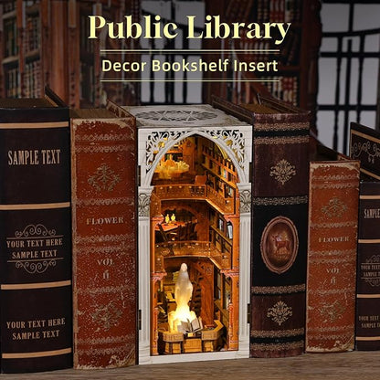 Book Nook Kit, DIY Miniature House Kit 3D Wooden Puzzle for Adults Booknook Kit with Dust Cover Book Decor Bookshelf Decoration Decorative Bookends Women Craft Gifts for Teens (Public Library)