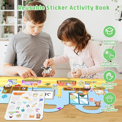 JOFREY at School Reusable Sticker Book,Jelly Sticker for Kids,50pcs Stickers ，Quiet Busy Book Preschool Learning Activities for Toddlers Ages 3-6