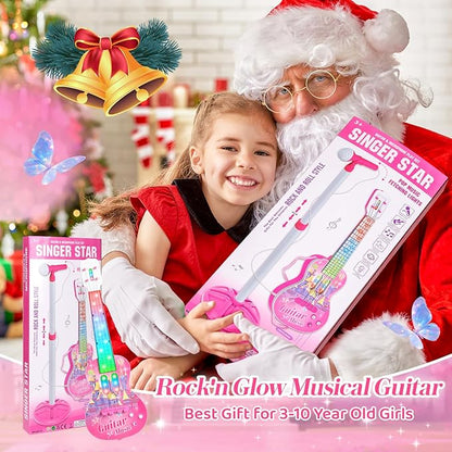 Kids Guitar and Microphone Playset, Musical Guitar Play Set with Adjustable Stand,Toy Guitar Starter Kit with 4 Strings, Electric Guitar Karaoke Toys with Music Lights for Boys Girls