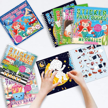 gisgfim 6 Pcs Paint by Sticker Books Sticker by Number Books Activity Book Sticker Puzzle Book Craft Art Gift with Mermaid Truck Outer Space Cat 48 Pictures Sticker by Number Book Set Party Favors