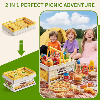 Play Food Sets for Kids Kitchen, Wheat Straw Pretend Food Toys with Kids Picnic Basket and Picnic Blanket, Cutting Toy Food, Fake Food with Pizza Toy, Play Kitchen Accessories, STEM Gift for Boy Girl