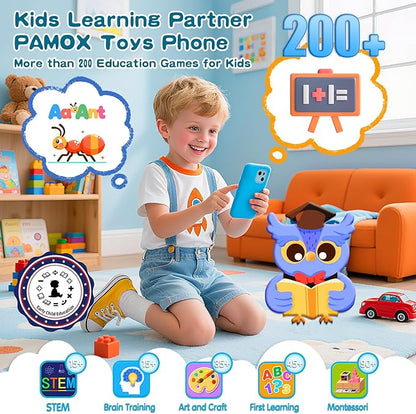 Kids Toy Phones with Dual Camera, Learning Toys Phones Gifts for Kid 3-12 with 200+ Educational Puzzle Games, 4" Touchscreen Rechargeable Blue Child Smartphones with Parental Control