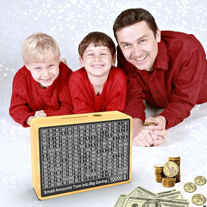 Piggy Bank for Adults Kids, Wooden Coin Bank for Boys and Girls, Cash Vault Money Saving Box with Counter $10000 $5000 $3000 $1000 Savings Challenge Money Box with Money Target and Numbers (Wood Box)