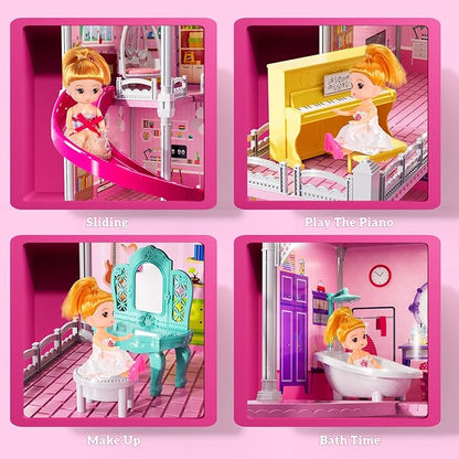 Villa Playset for Girls Ages 3-7, Indoor Playset Girls Toys for Ages 6-8 with 4 Storeys 18 Rooms 4 Dolls, Furniture and Accessories, Pretend Toddler Toy, Birthday Gifts for Kids 3 4 5 6 7 8
