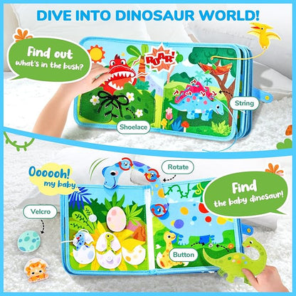 JoyCat Toddler Dinosaur Busy Book, Busy Board for 2 3 4 5Year Old -Travel Toy Quiet Activity Book, Life Skills & Fun Games - Autism Sensory Toy, Toddler Easter Basket Stuffers Gifts